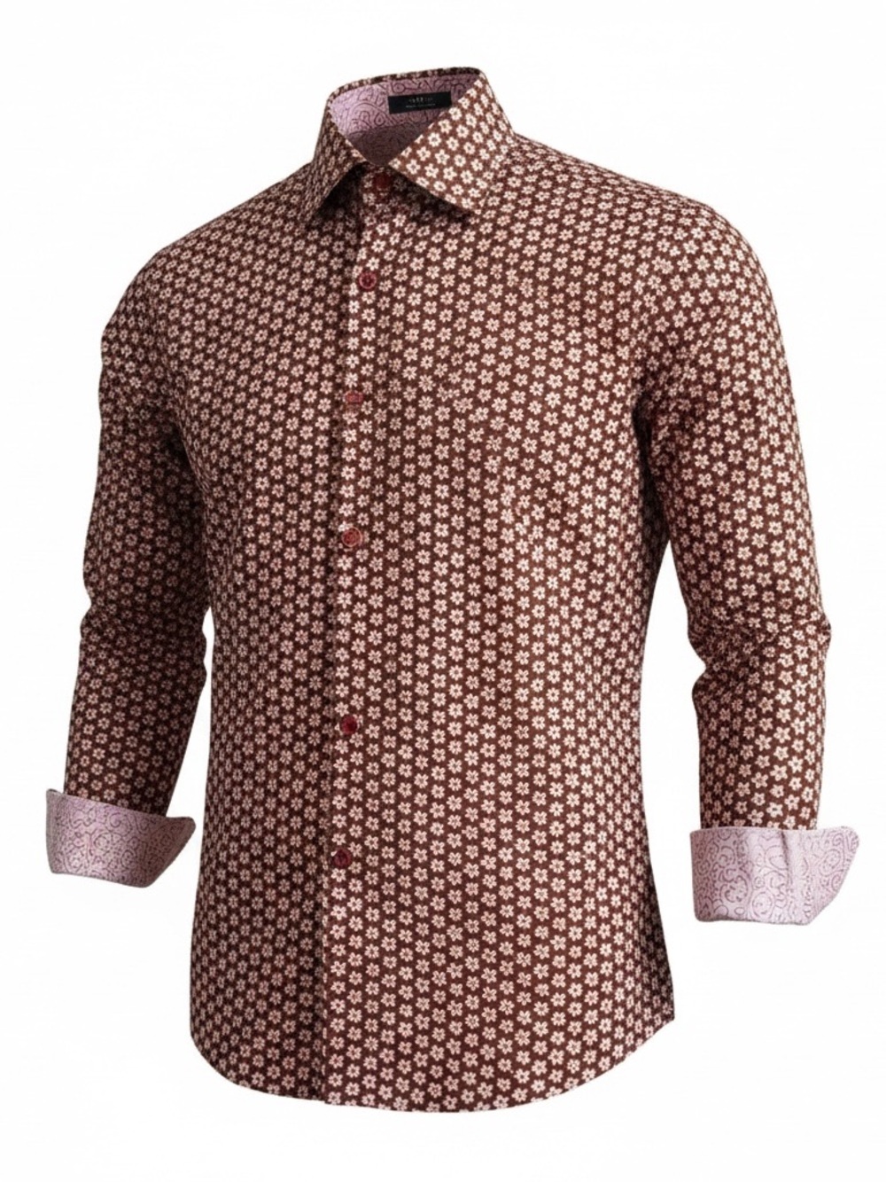 Men Long-Sleeve Button Down Shirt - Brown pink Floral